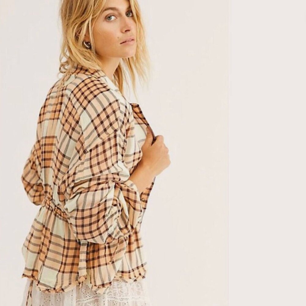 We The Free Apricot & Cream Plaid Button-Down Shirt Jacket with snaps